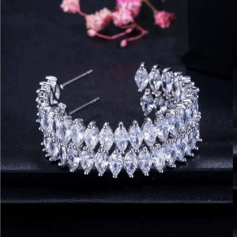 New 925 Silver Fashion Hoop Brilliant Micro Paved Marquise Zirconia Earrings - Picture 2 of 6
